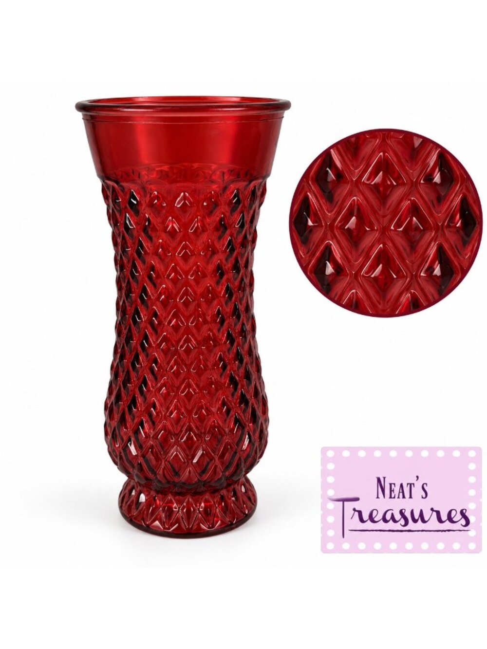 Ruby Red 993# Criss Cross Diamond Design 8.5" Tall Glass Round Cut Flower Vase